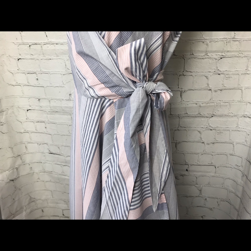Calvin Klein Sleeveless Striped Wrap Maxi Dress in White and Light Blue - Picture 9 of 13